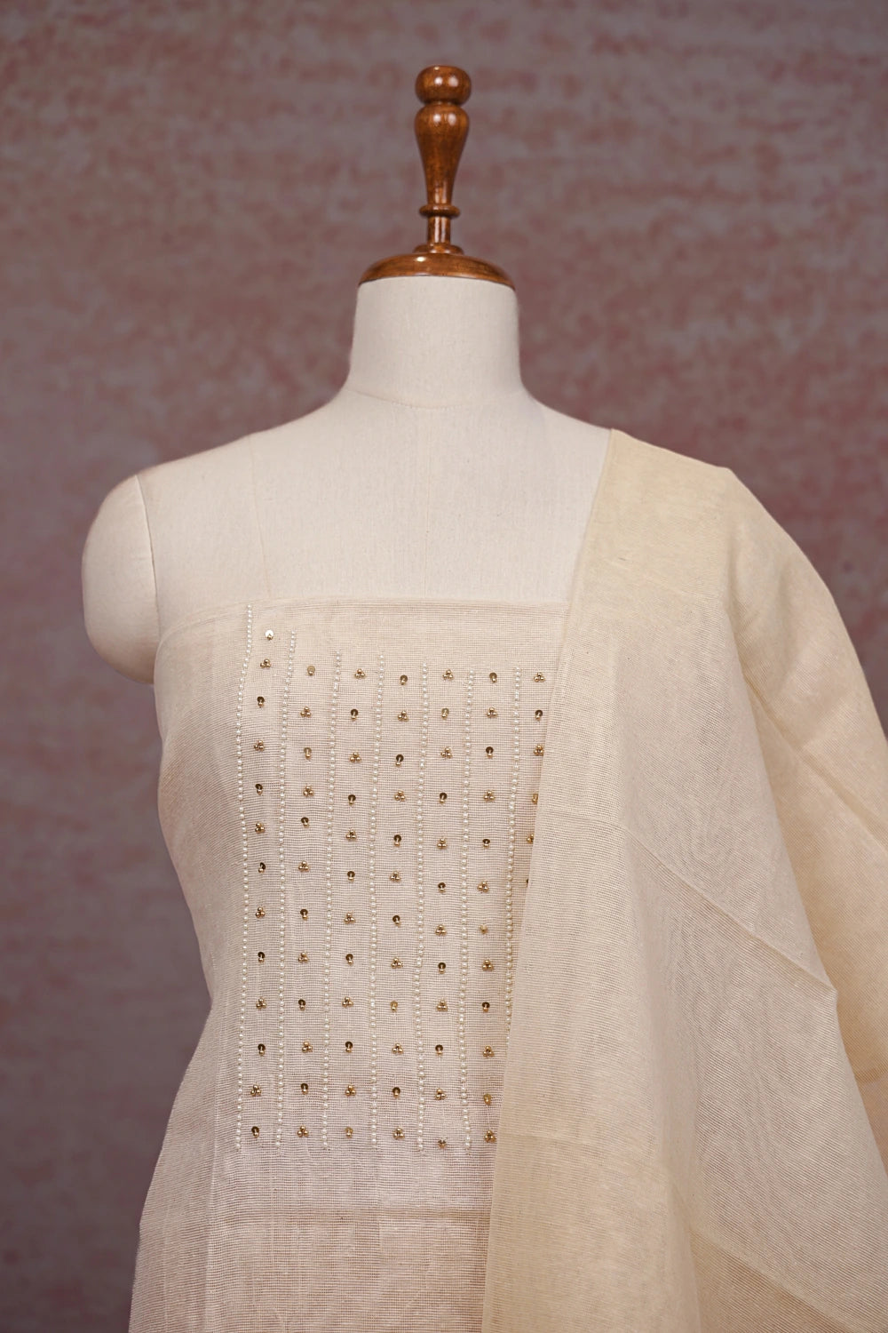 Cream Semi Linen Beads Work Unstitched Churidhar Material