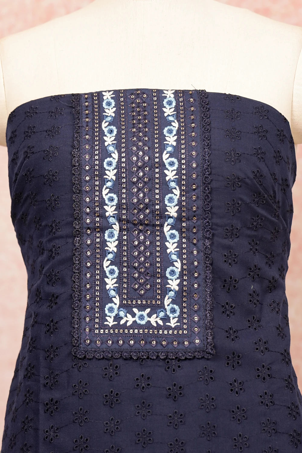 Blue Cotton Accoba Work Unstitched Churidhar Material