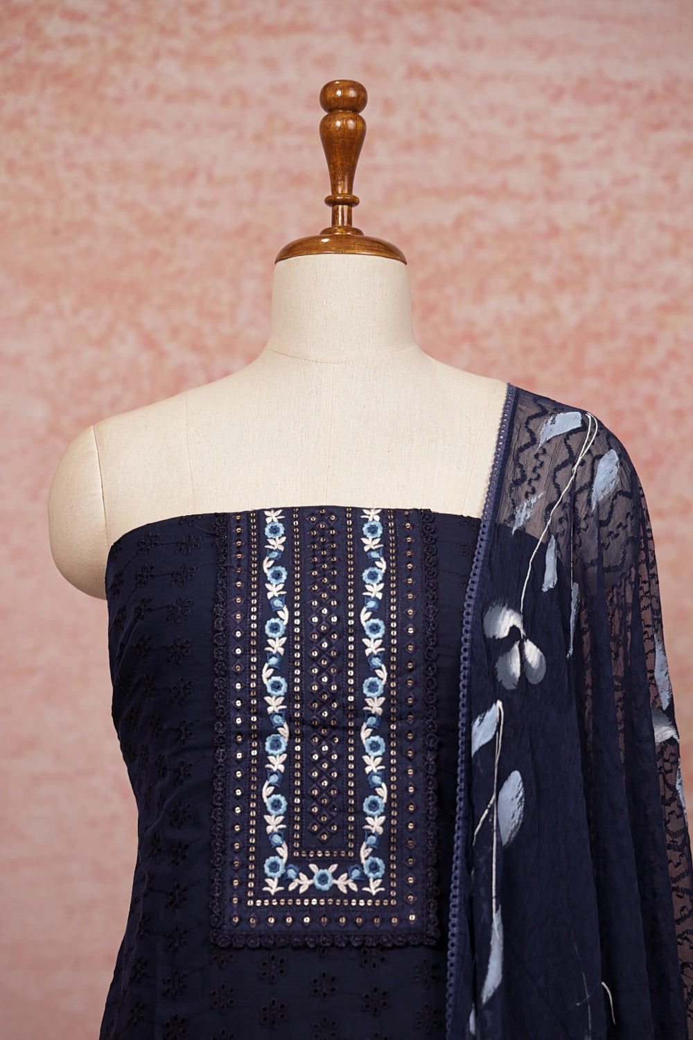 Blue Cotton Accoba Work Unstitched Churidhar Material