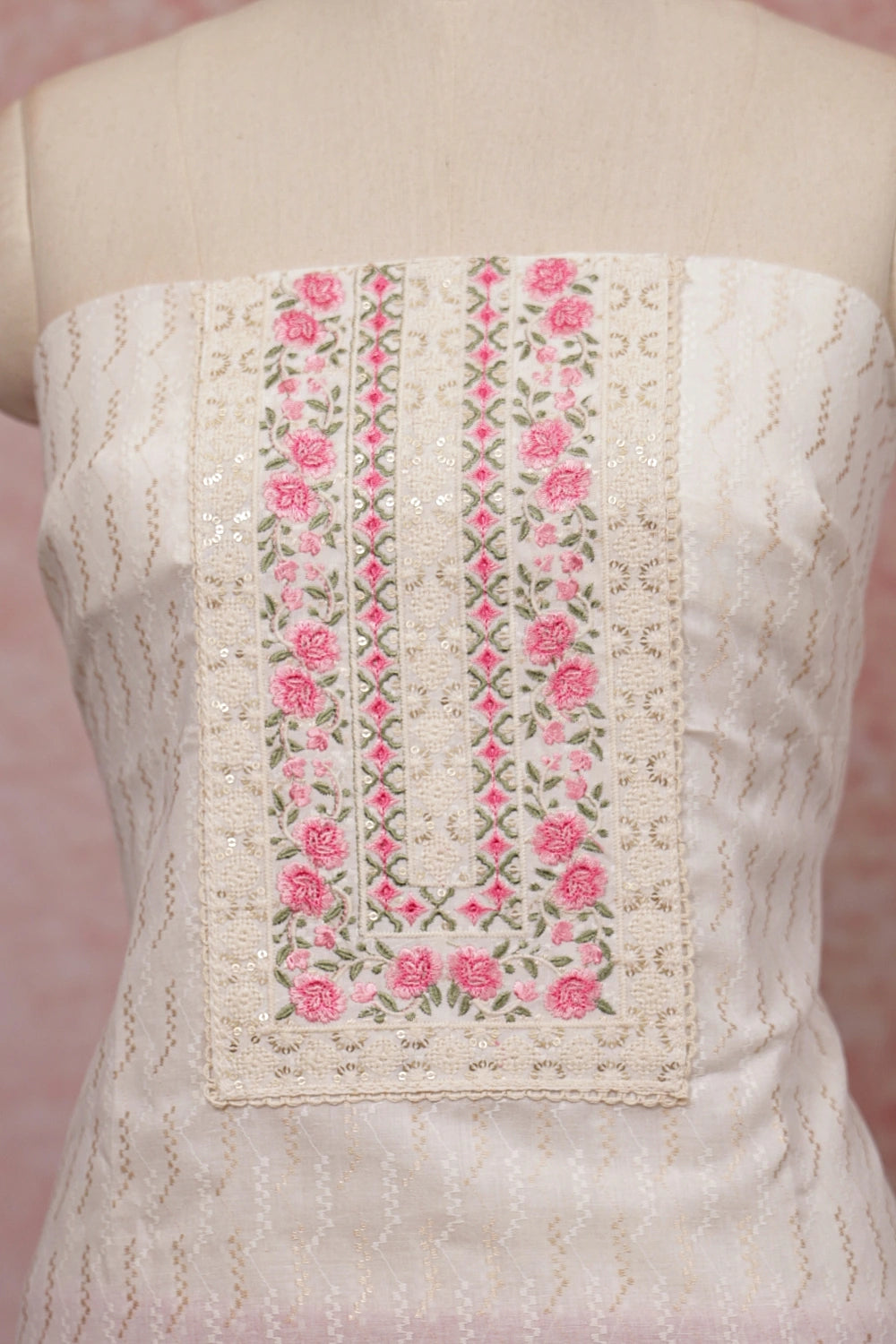 Cream Cotton Embroidery Unstitched Churidhar Material