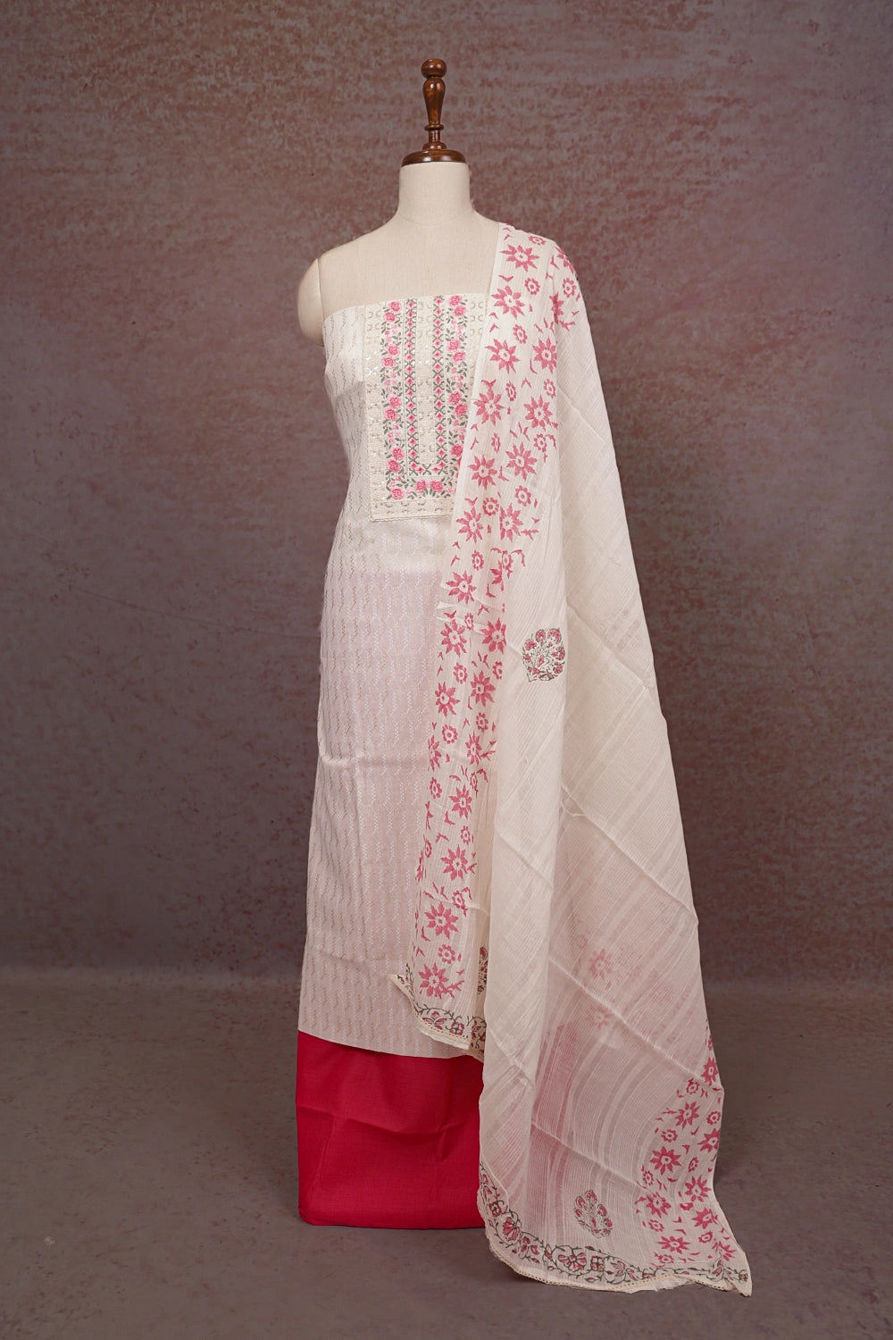 Cream Cotton Embroidery Unstitched Churidhar Material
