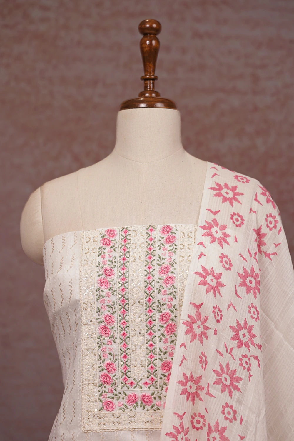Cream Cotton Embroidery Unstitched Churidhar Material