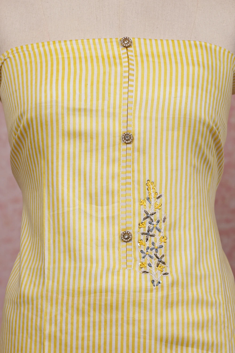 Yellow Cotton Lines Unstitched Churidhar Material
