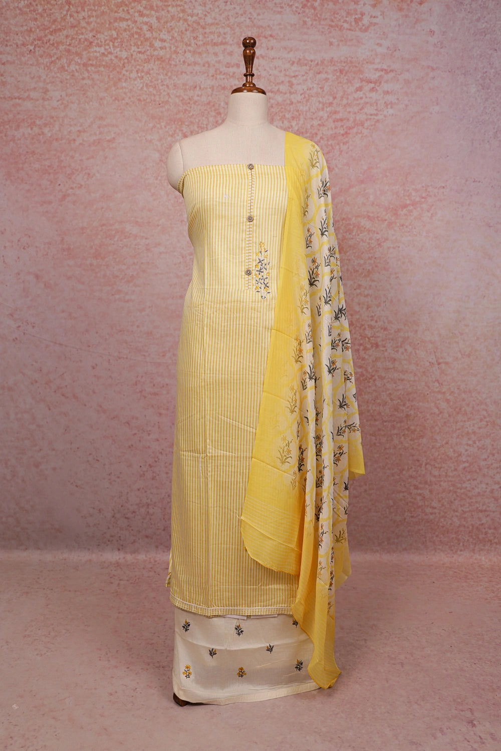 Yellow Cotton Lines Unstitched Churidhar Material