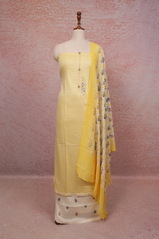 Yellow Cotton Lines Unstitched Churidhar Material