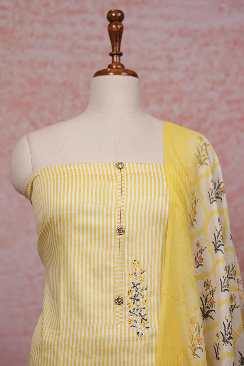 Yellow Cotton Lines Unstitched Churidhar Material