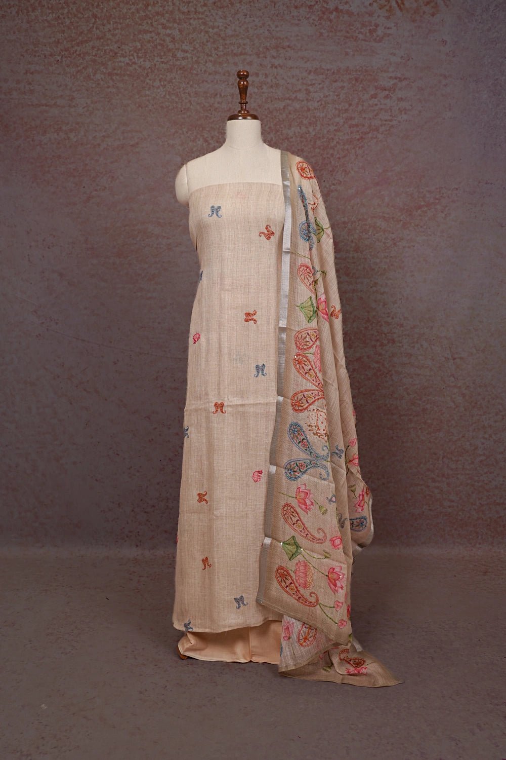 Sandal Color Linen Printed Unstitched Churidhar Material