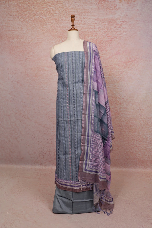 Grey Blue Linen Printed Unstitched Churidhar Material