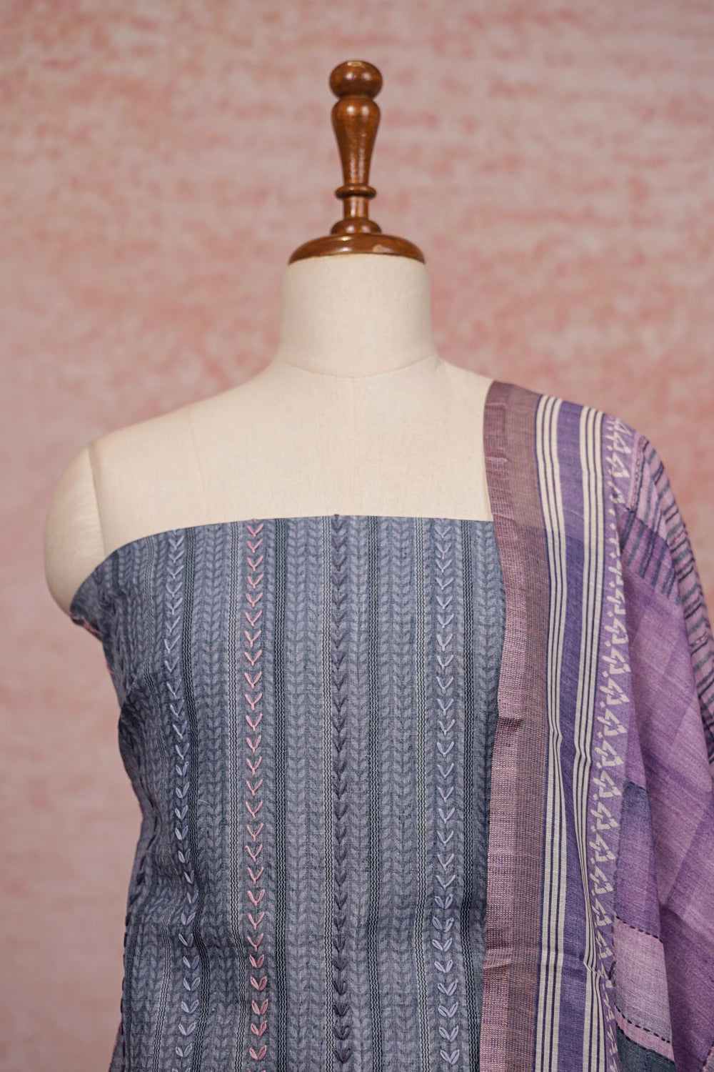 Grey Blue Linen Printed Unstitched Churidhar Material