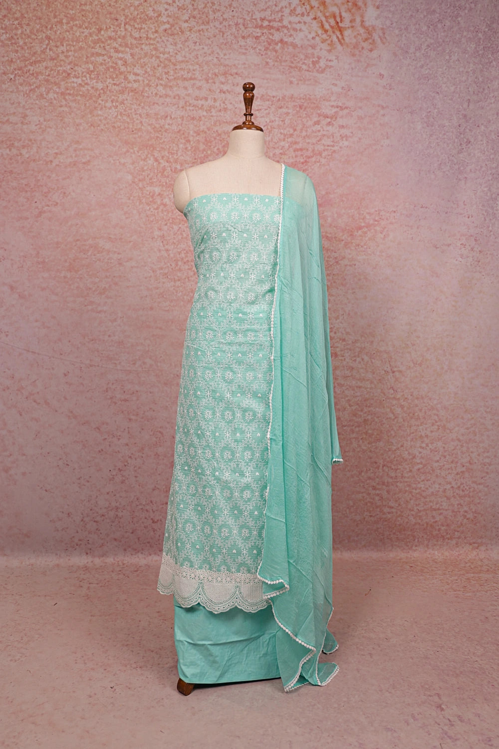 Sapphire Green Kota Embroidery Unstitched Churidhar Material