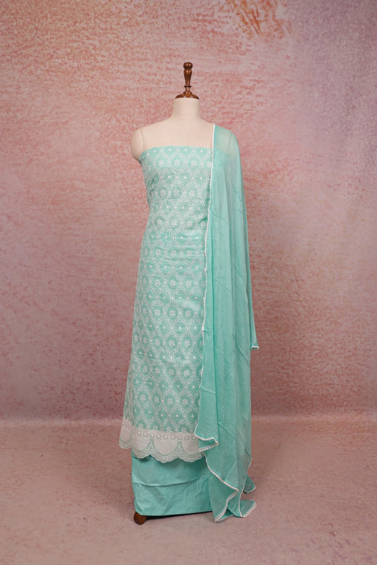 Sapphire Green Kota Embroidery Unstitched Churidhar Material