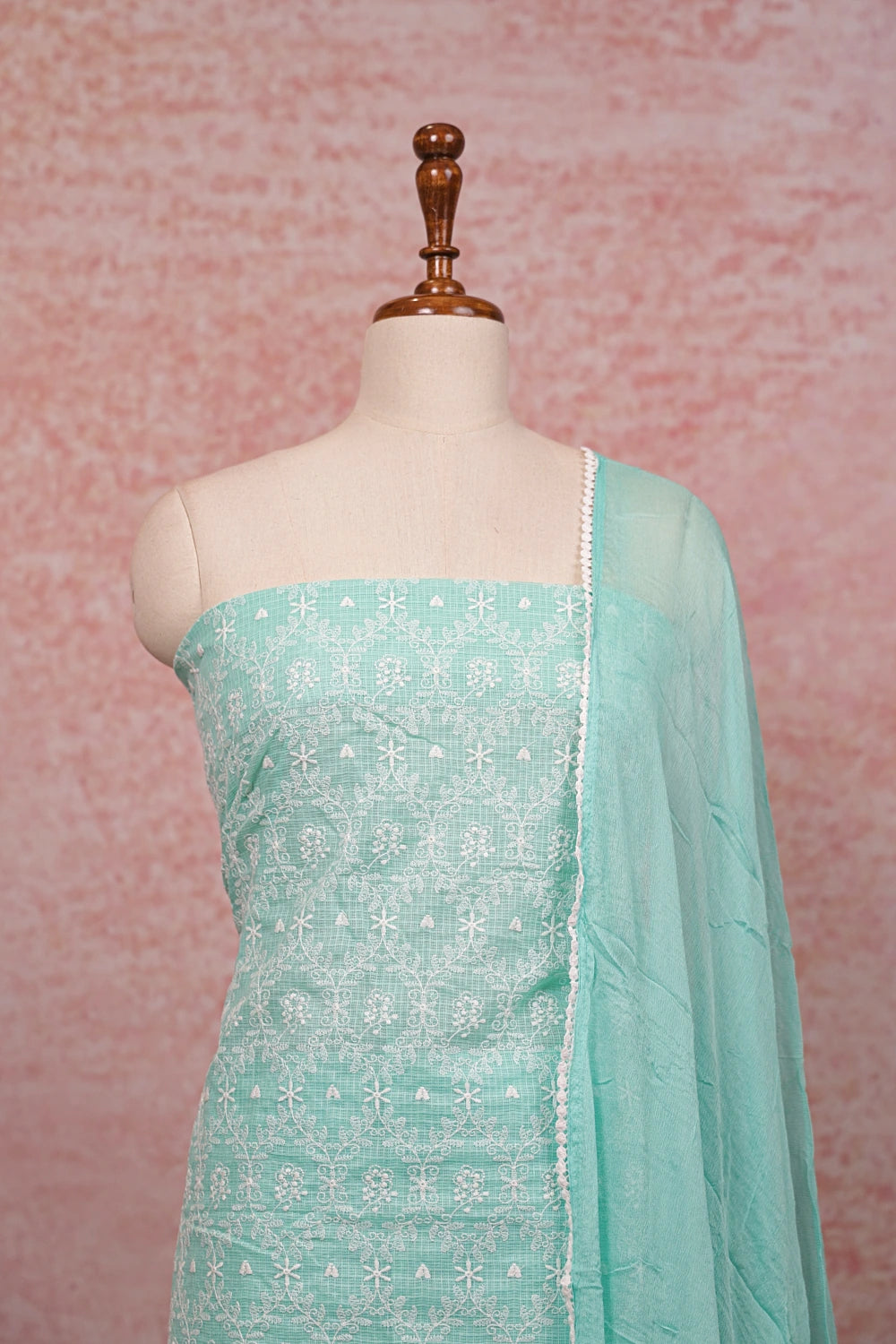 Sapphire Green Kota Embroidery Unstitched Churidhar Material