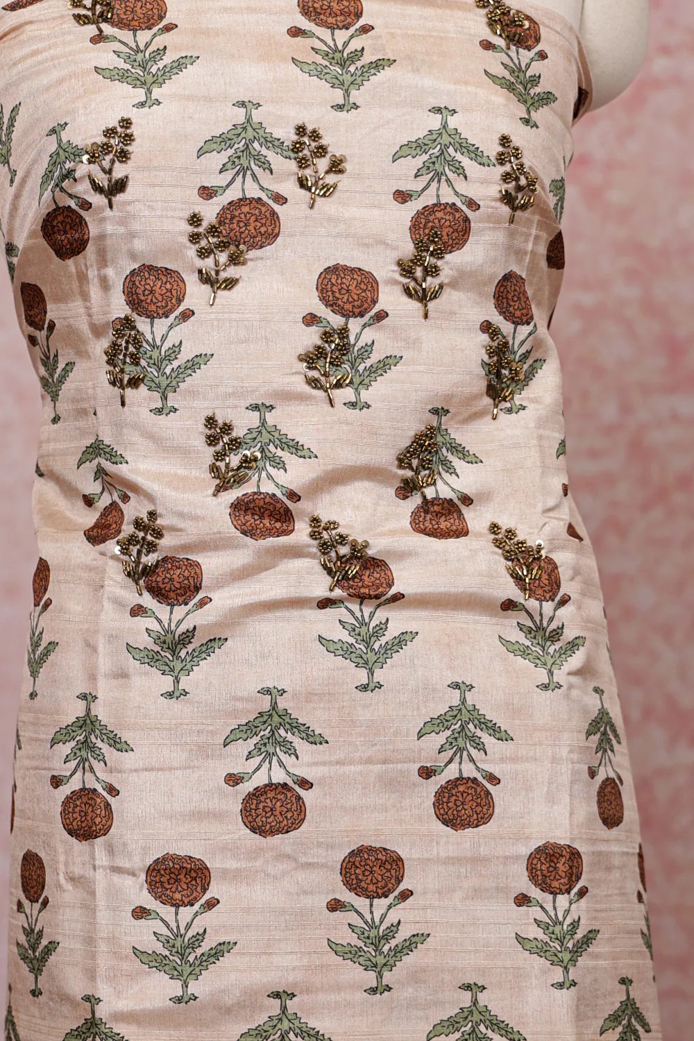 Sandal Color Semi Silk Printed Unstitched Churidhar Material