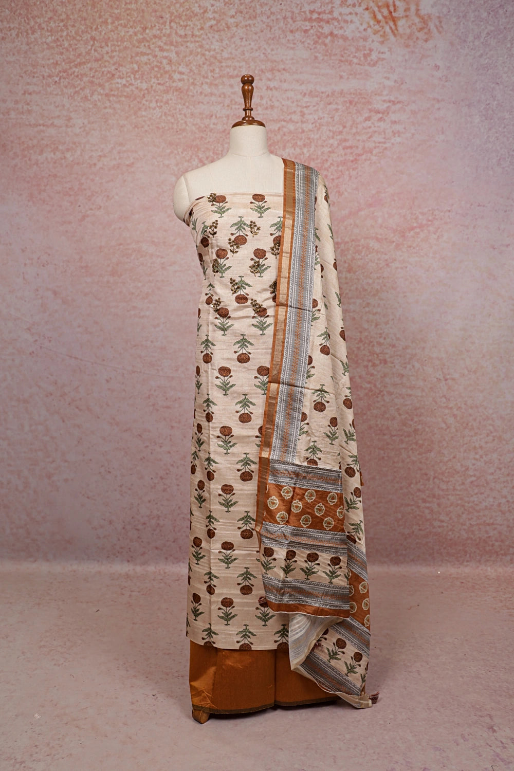 Sandal Color Semi Silk Printed Unstitched Churidhar Material