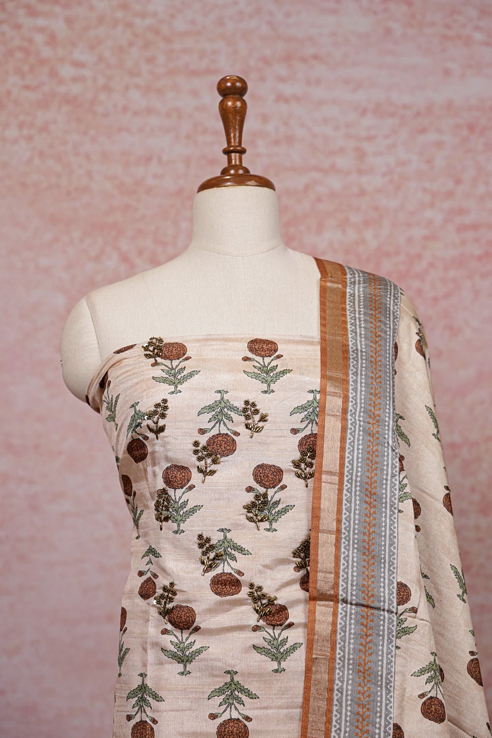 Sandal Color Semi Silk Printed Unstitched Churidhar Material