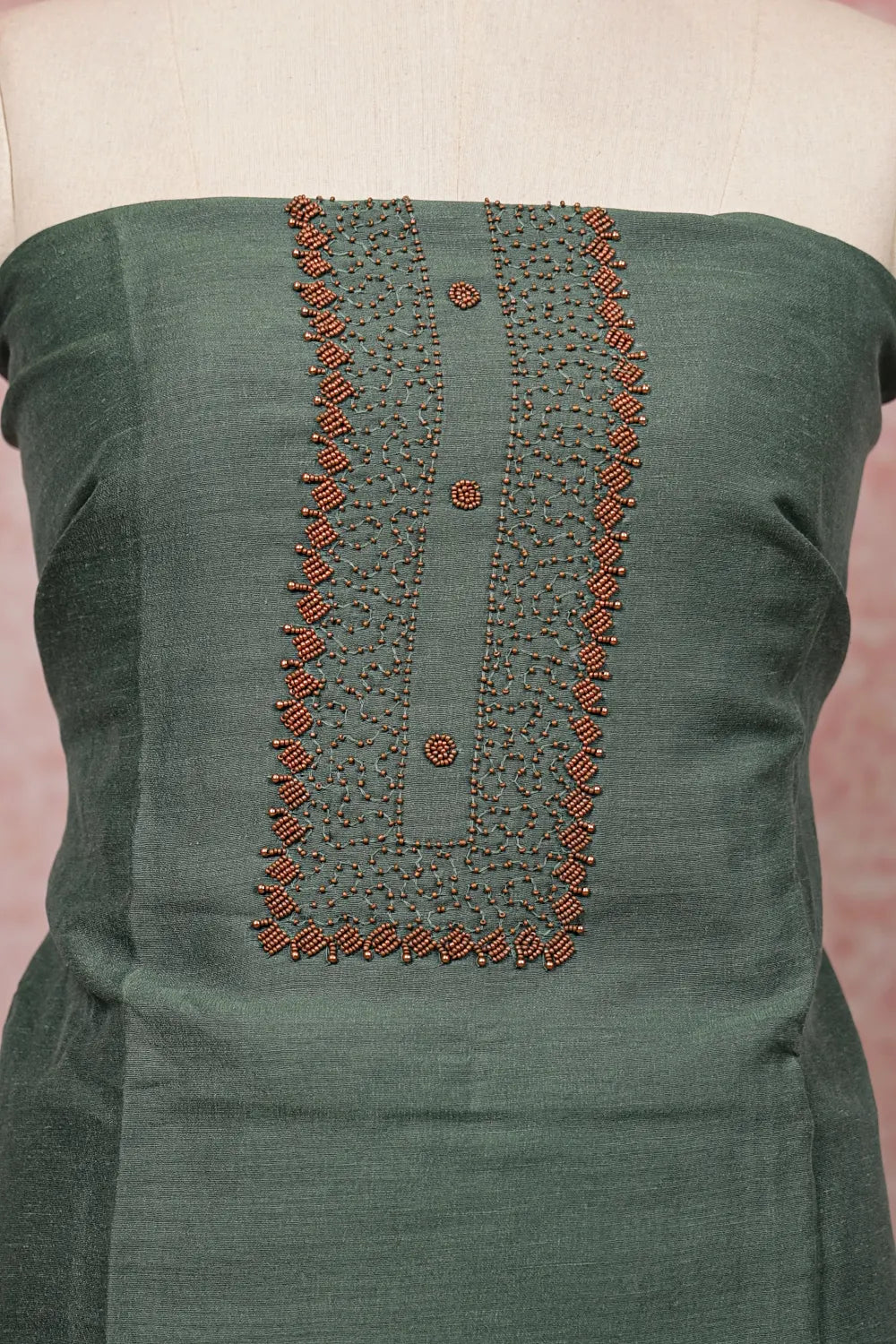 Green Semi Silk Beads Work Unstitched Churidhar Material