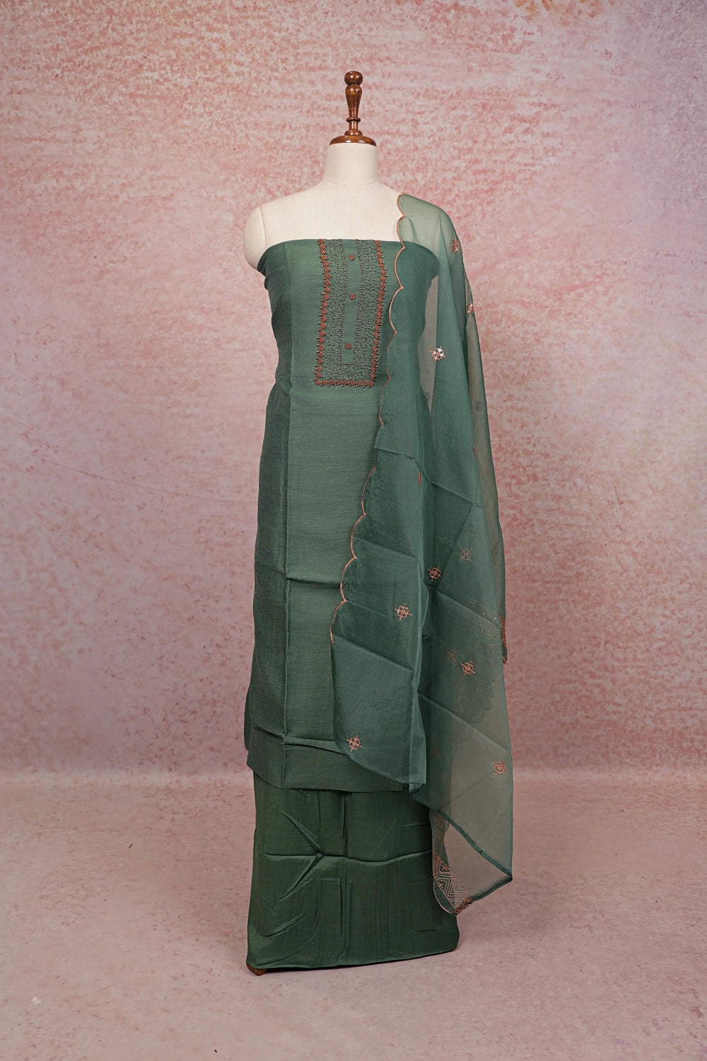 Green Semi Silk Beads Work Unstitched Churidhar Material