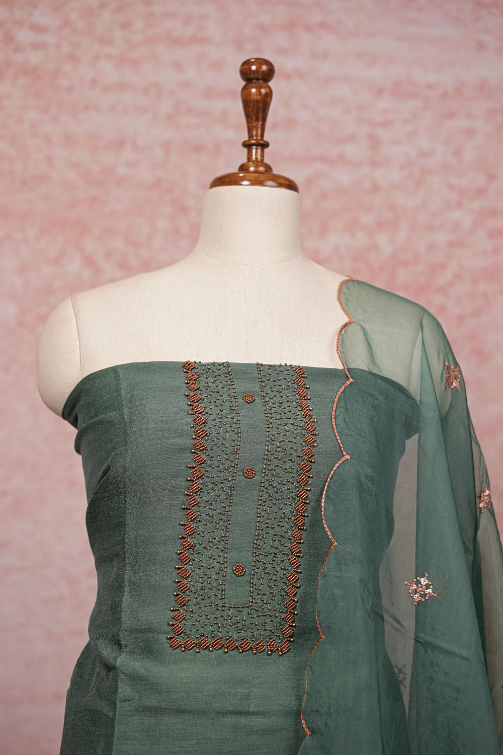 Green Semi Silk Beads Work Unstitched Churidhar Material