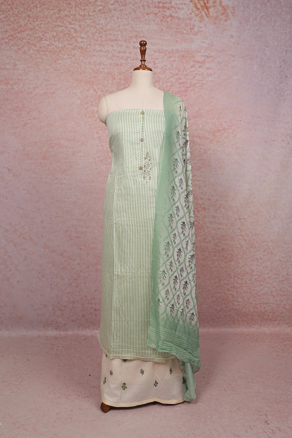 Green Cotton Lines Unstitched Churidhar Material