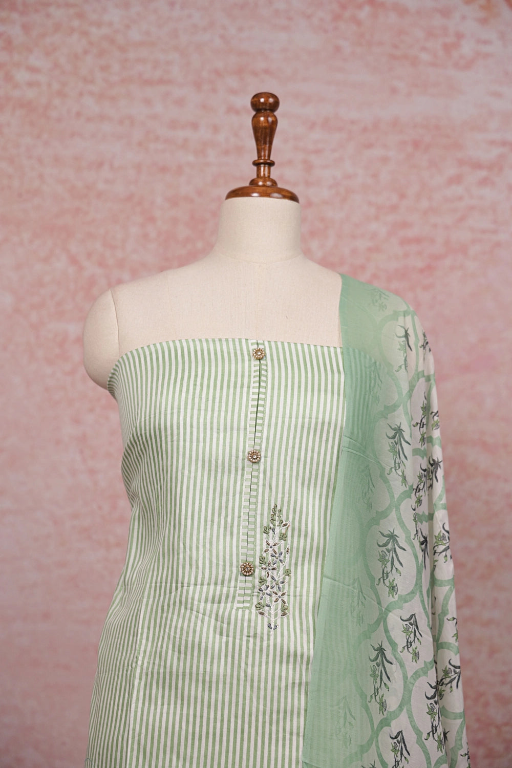 Green Cotton Lines Unstitched Churidhar Material