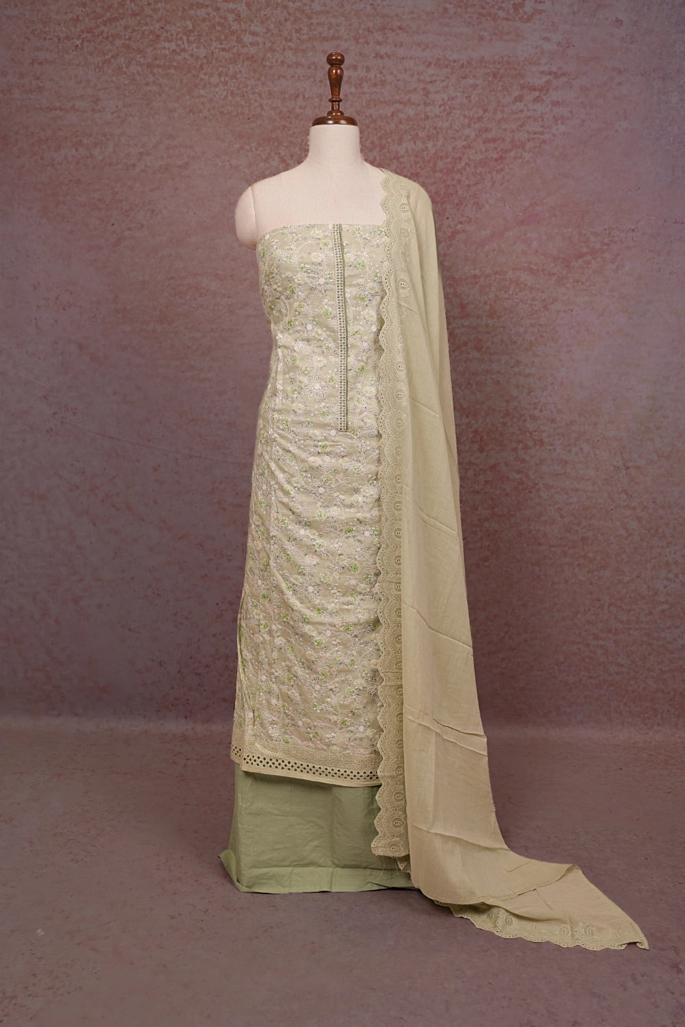 Green Cotton Embroidery Unstitched Churidhar Material