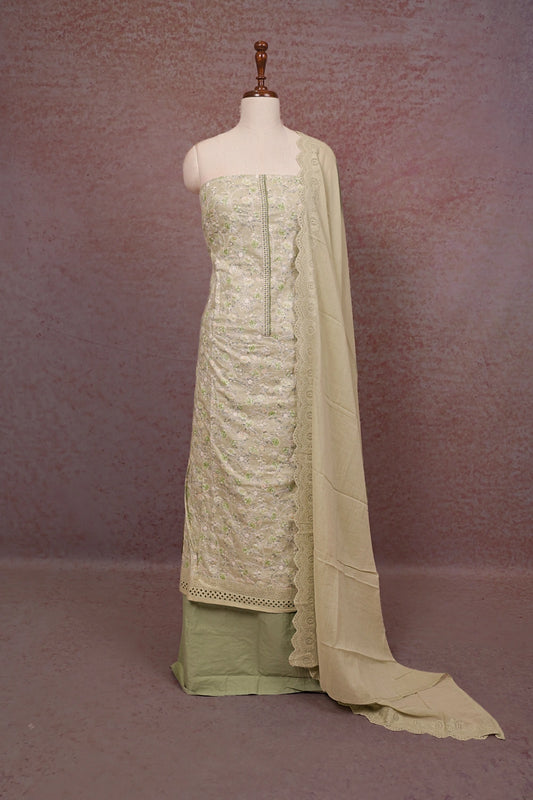 Green Cotton Embroidery Unstitched Churidhar Material