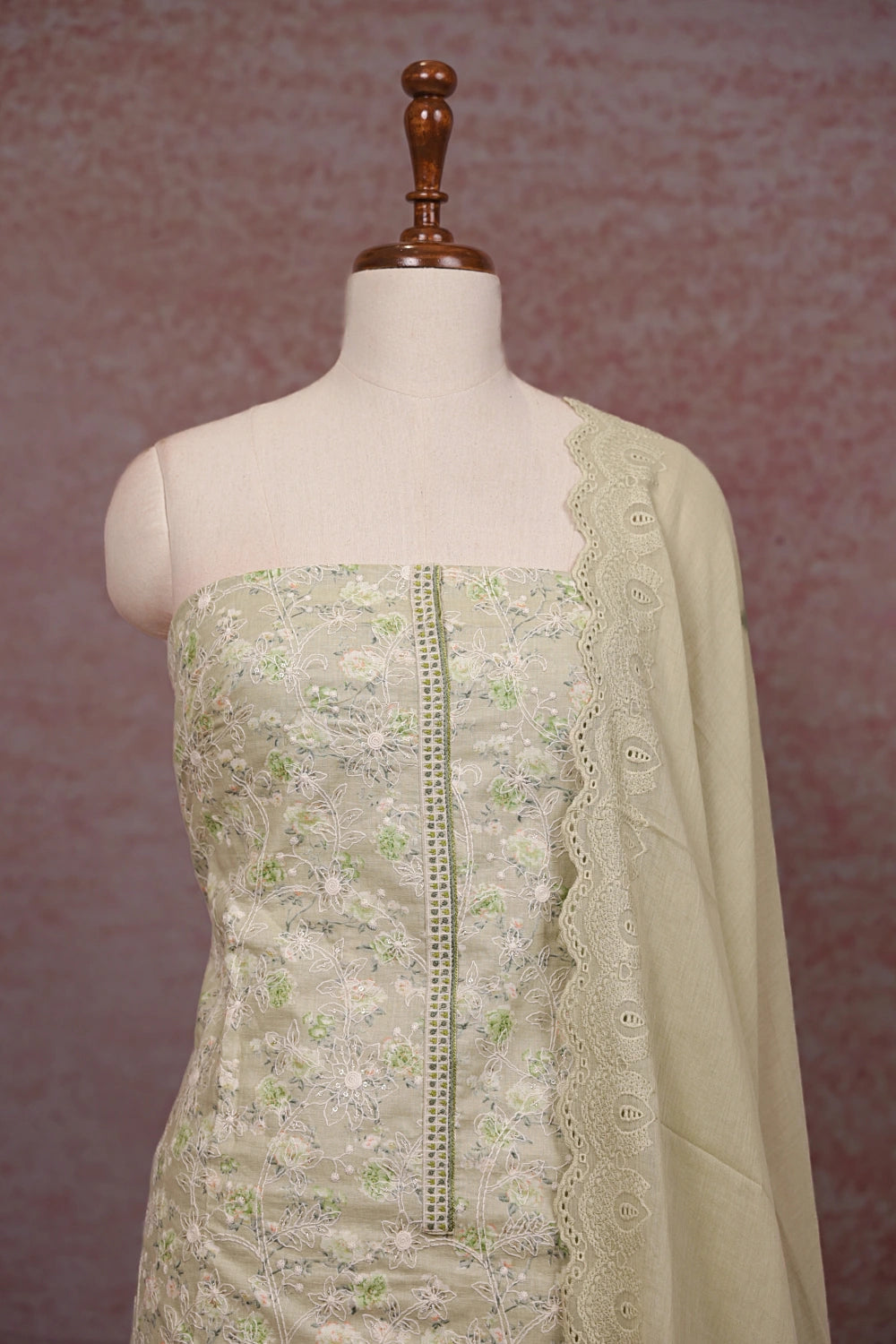 Green Cotton Embroidery Unstitched Churidhar Material