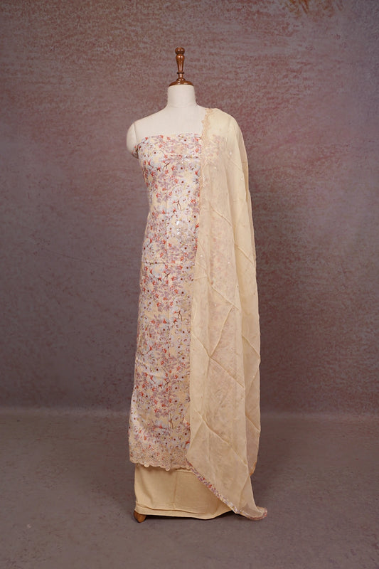 Cream Cotton Printed Unstitched Churidhar Material