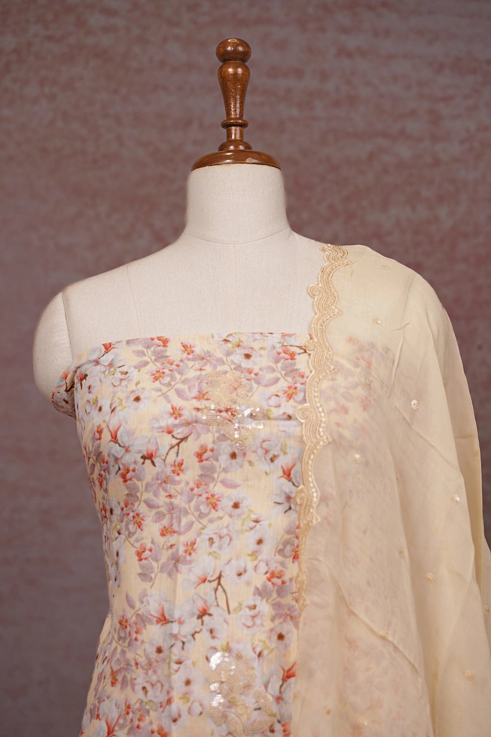 Cream Cotton Printed Unstitched Churidhar Material