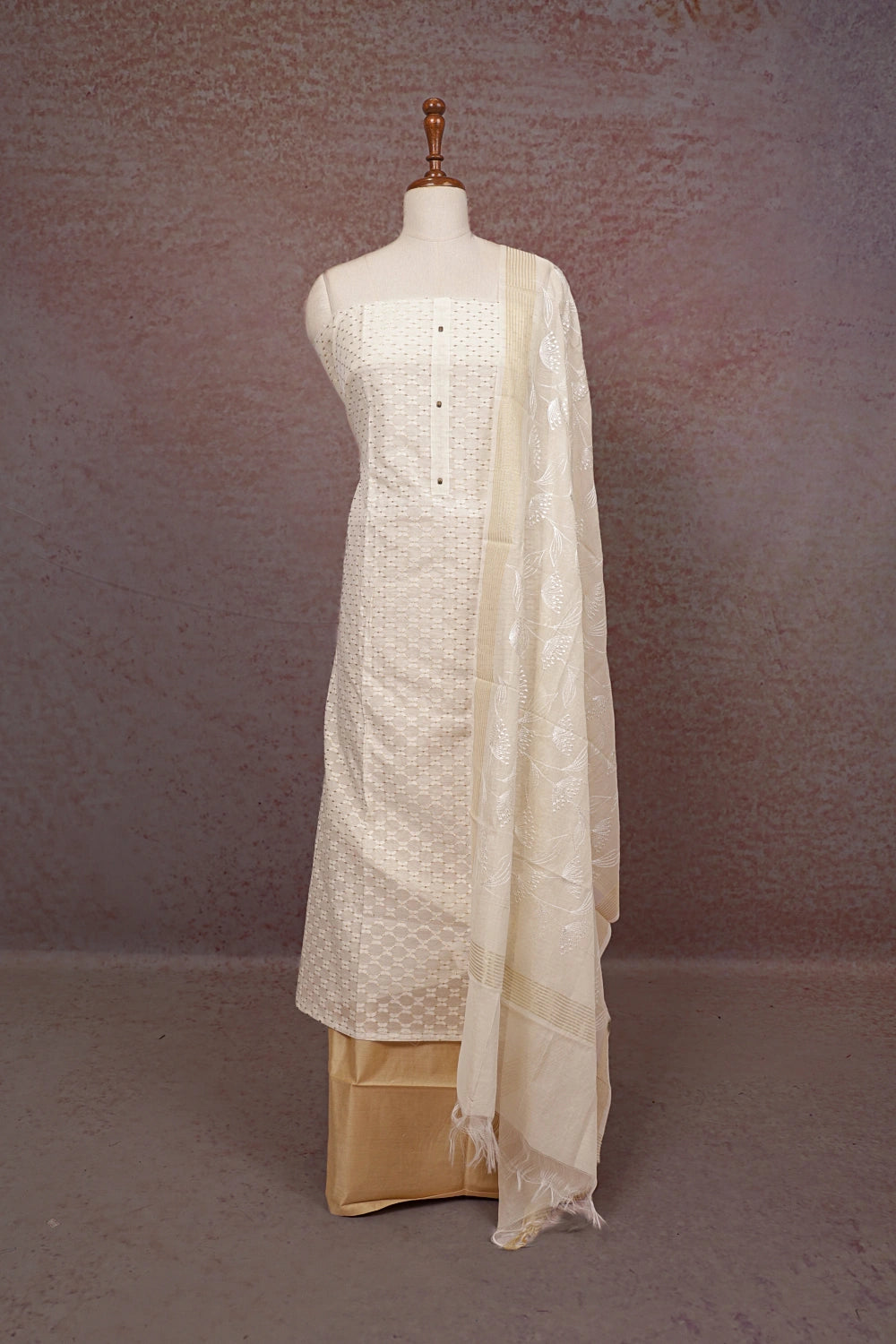 Cream Semi Chanderi Printed Unstitched Churidhar Material