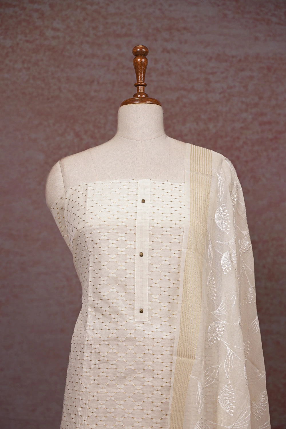 Cream Semi Chanderi Printed Unstitched Churidhar Material