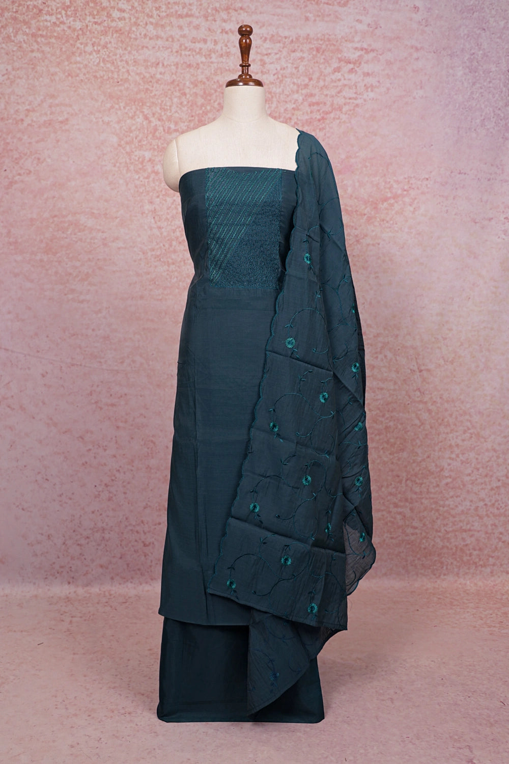 Green Cotton Silk Thread Work Unstitched Churidhar Material