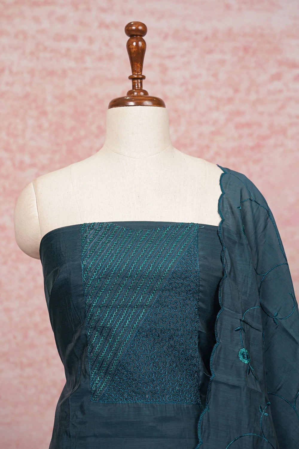 Green Cotton Silk Thread Work Unstitched Churidhar Material