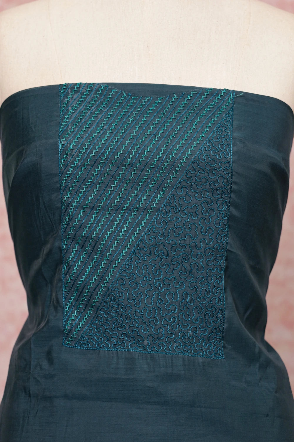 Green Cotton Silk Thread Work Unstitched Churidhar Material
