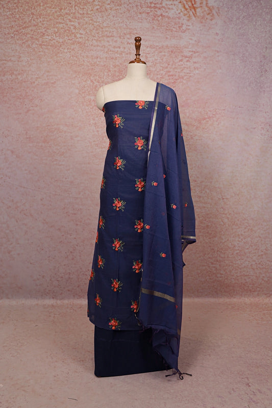 Blue Semi Silk Embroidery Unstitched Churidhar Material