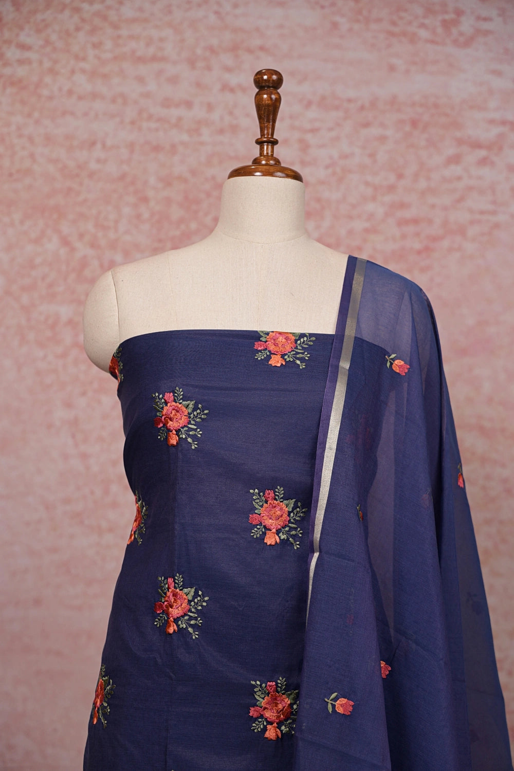 Blue Semi Silk Embroidery Unstitched Churidhar Material