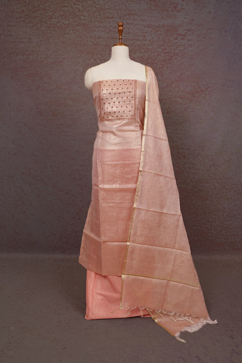 Peach Tissue Beads Work Unstitched Churidhar Material
