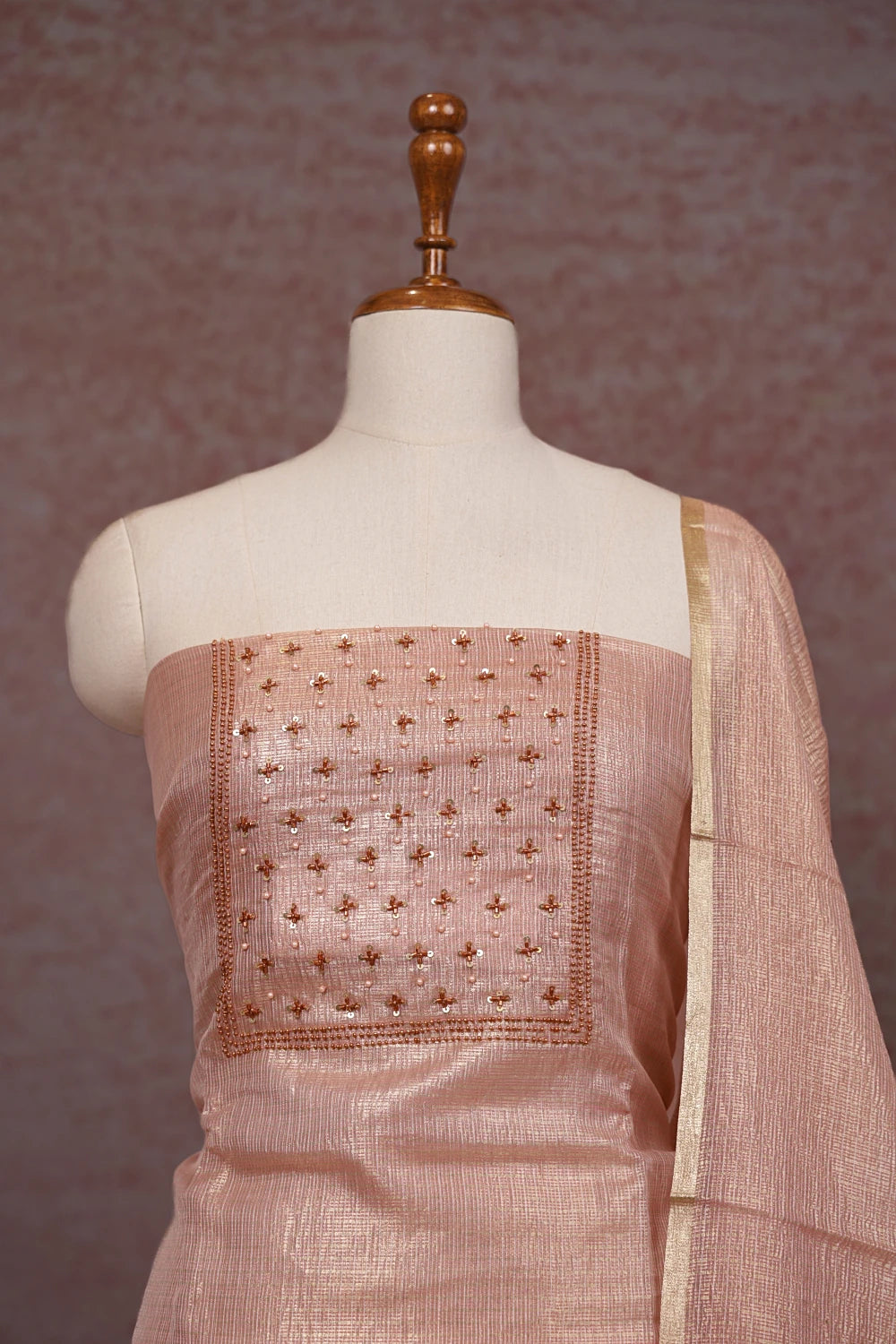 Peach Tissue Beads Work Unstitched Churidhar Material
