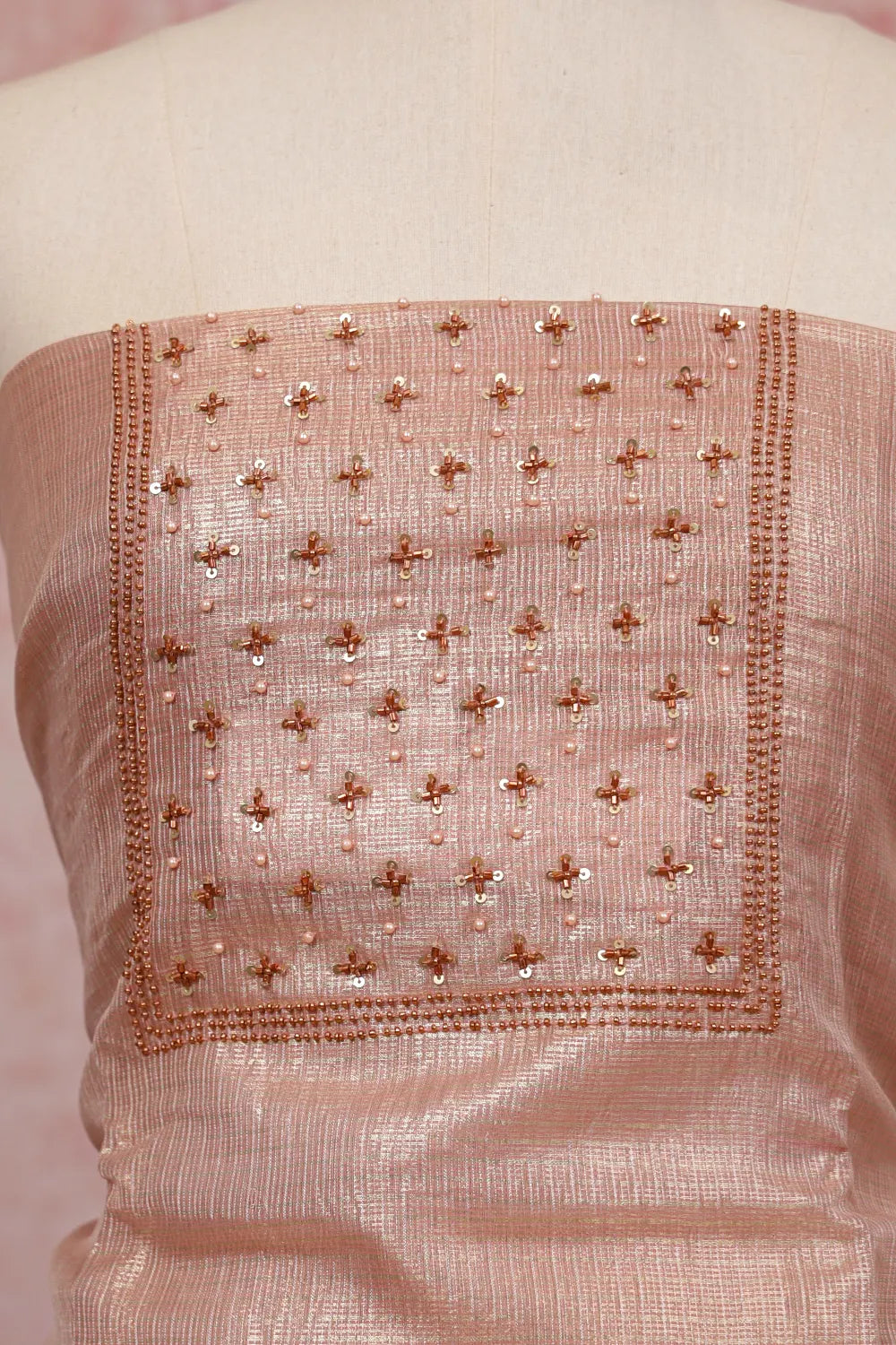 Peach Tissue Beads Work Unstitched Churidhar Material