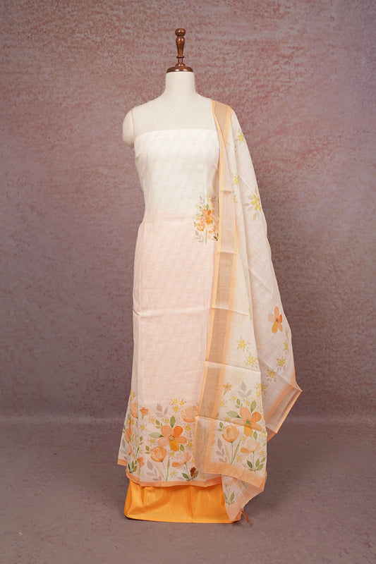 Cream Semi Linen Beads Work Unstitched Churidhar Material