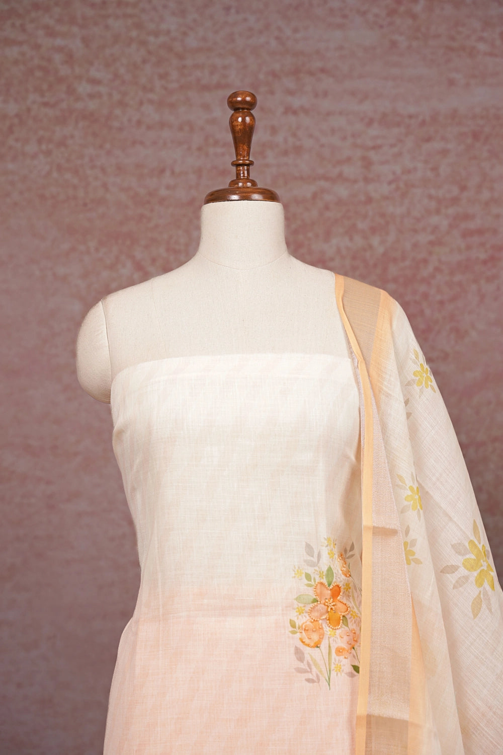Cream Semi Linen Beads Work Unstitched Churidhar Material