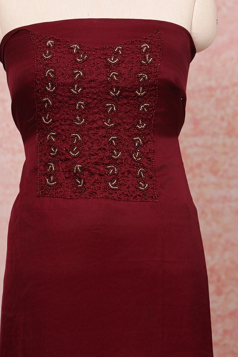 Maroon Organza Beads Work Unstitched Churidhar Material