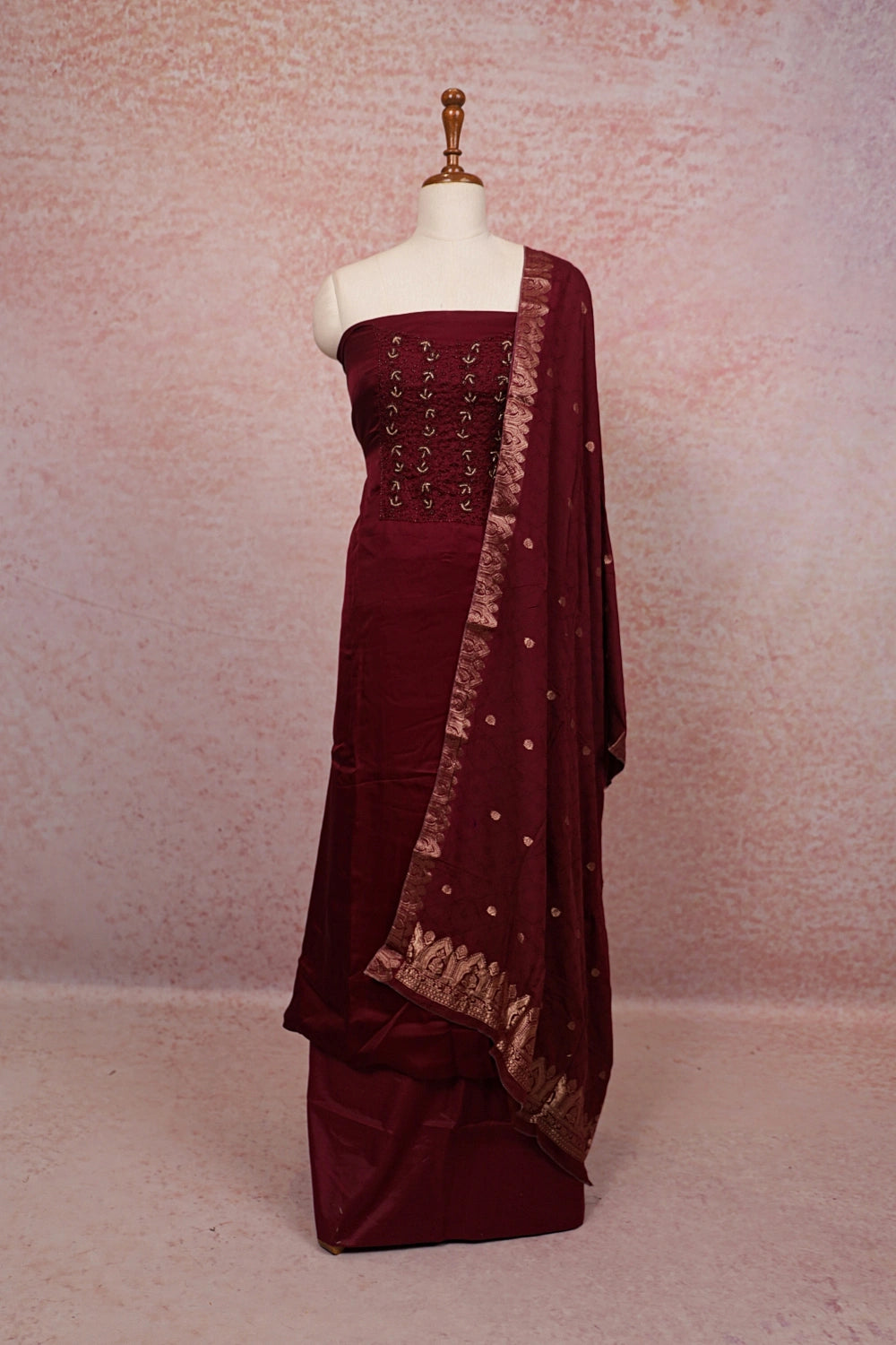 Maroon Organza Beads Work Unstitched Churidhar Material