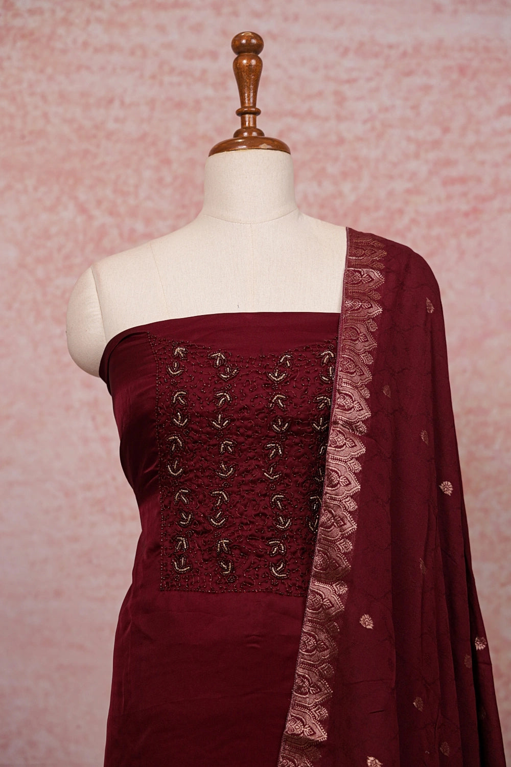 Maroon Organza Beads Work Unstitched Churidhar Material