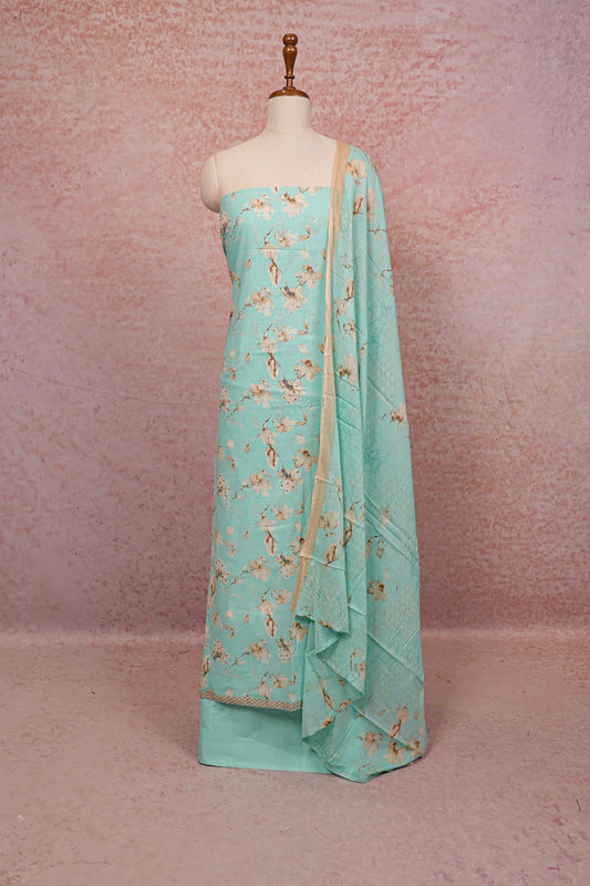 Greenish Blue Cotton Printed Unstitched Churidhar Material