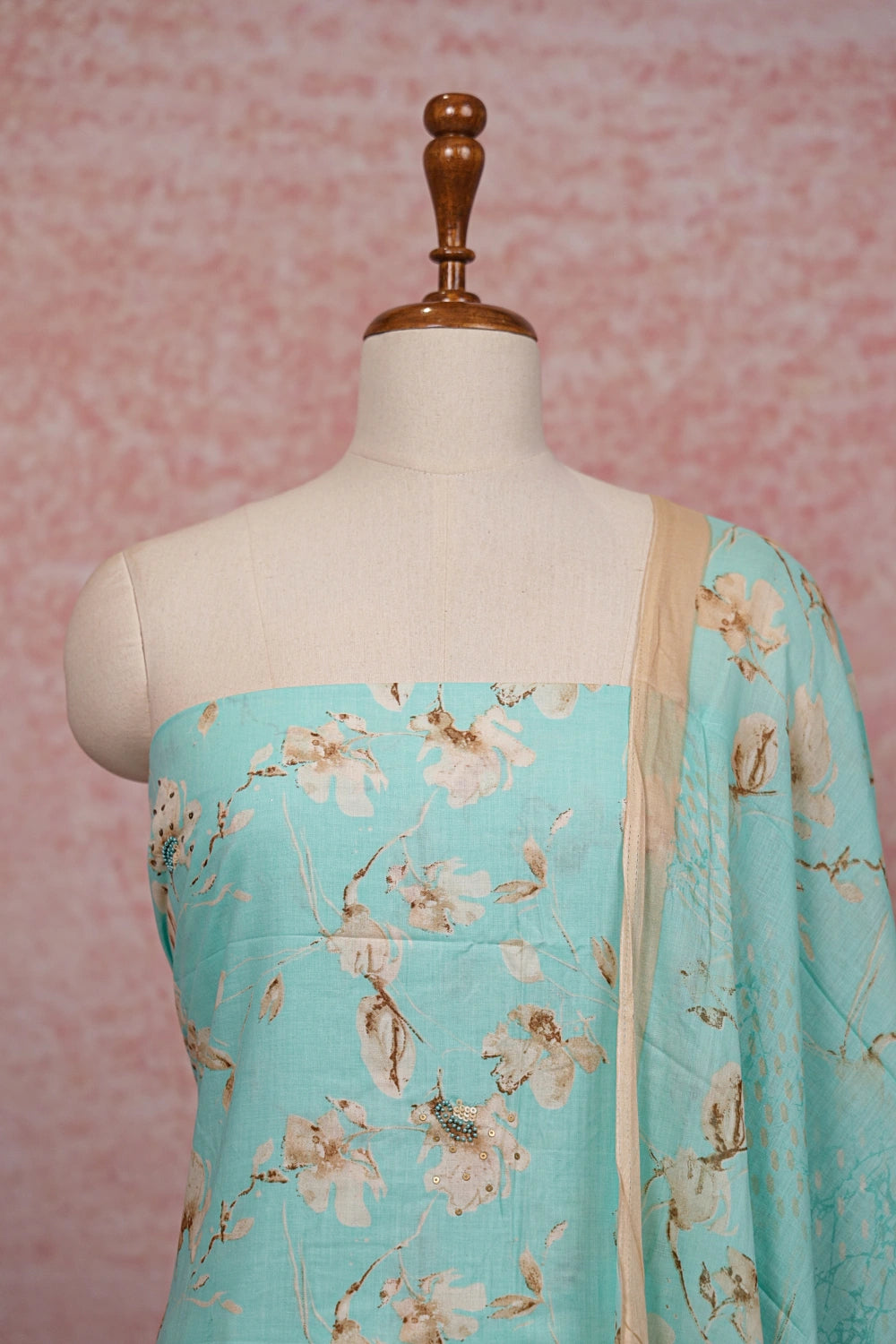 Greenish Blue Cotton Printed Unstitched Churidhar Material