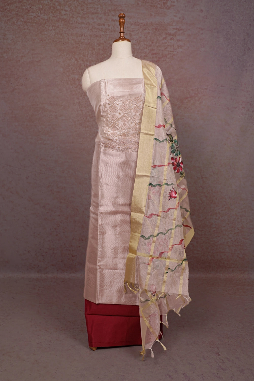 Rose Gold Tissue Beads Work Unstitched Churidhar Material