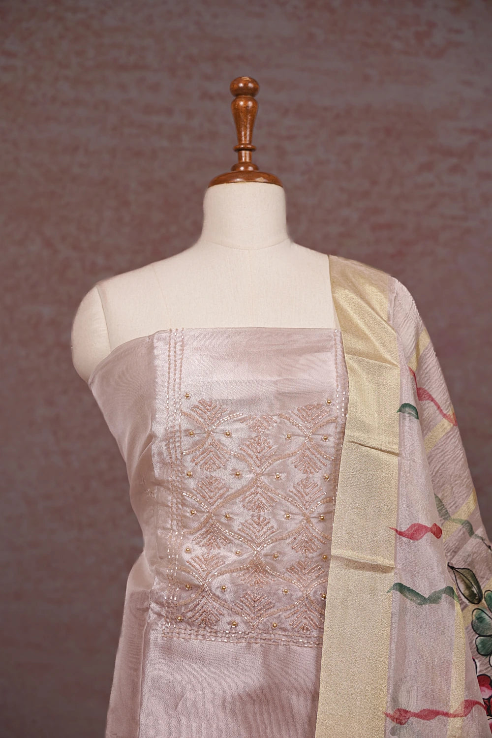 Rose Gold Tissue Beads Work Unstitched Churidhar Material