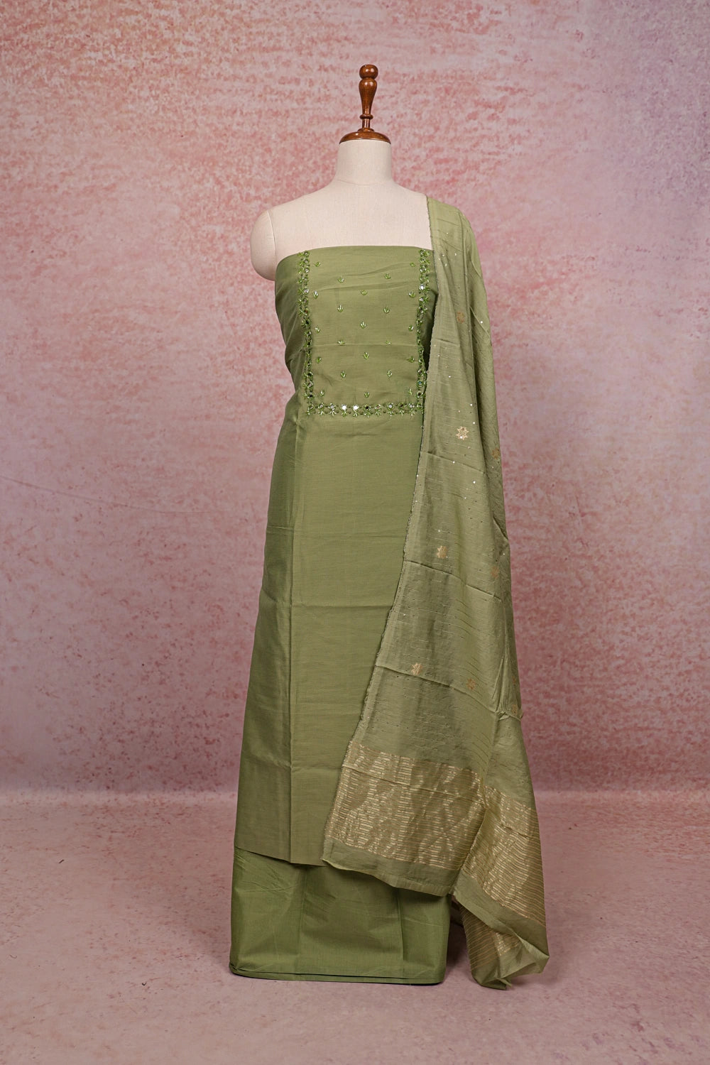 Green Semi Silk Mirror Work Unstitched Churidhar Material