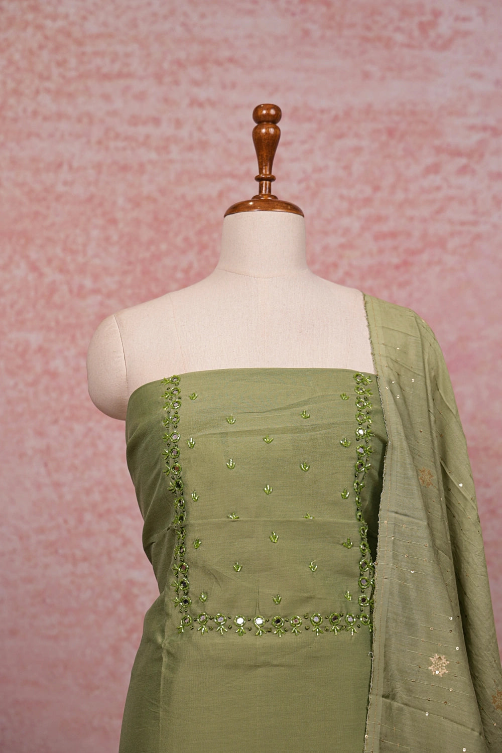 Green Semi Silk Mirror Work Unstitched Churidhar Material